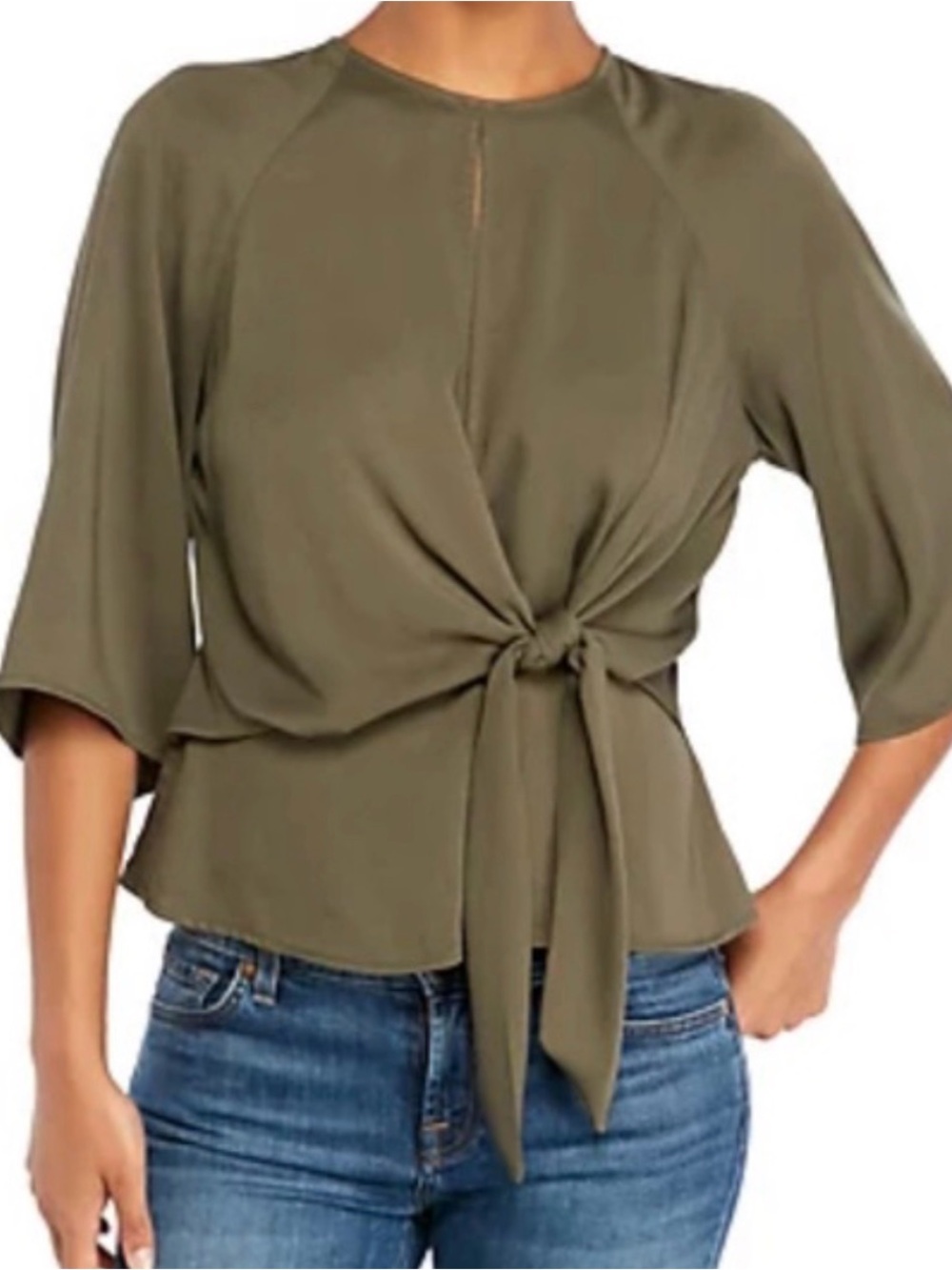 Topshop olive blouse top 3/4 sleeve ruffle tie front feminine romantic office 6 - Picture 1 of 5